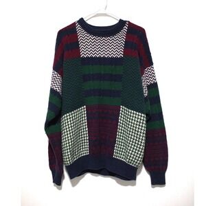 Hill & Archer Mens Patchwork Knit Sweater Large Mixed Pattern Crewneck Vintage